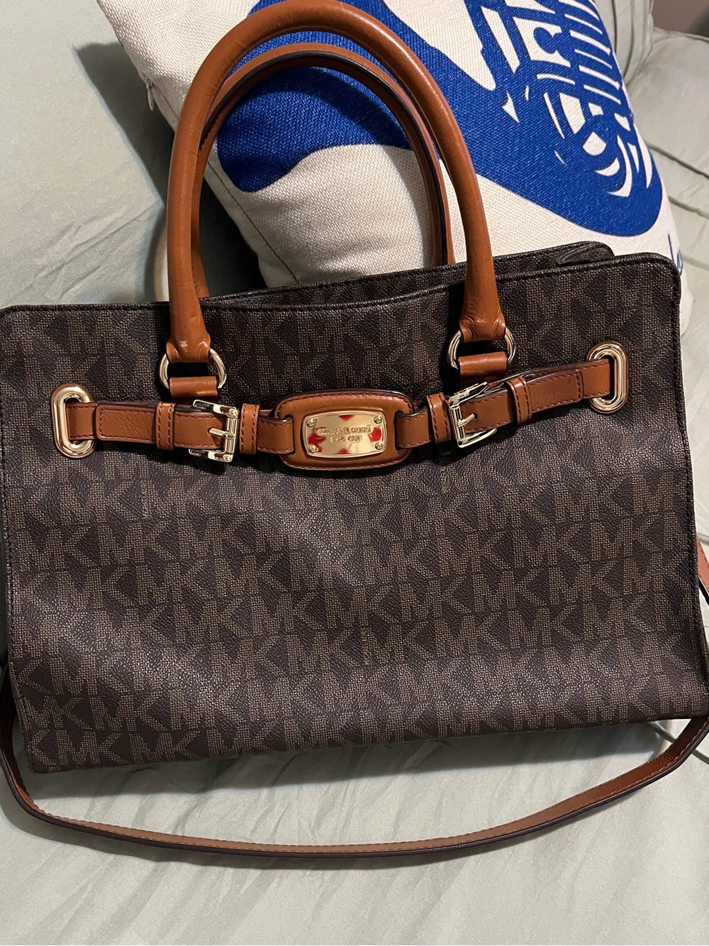 Michael Kors Brown and Tan Signature Satchel with Gold Hardware & Leather Chain